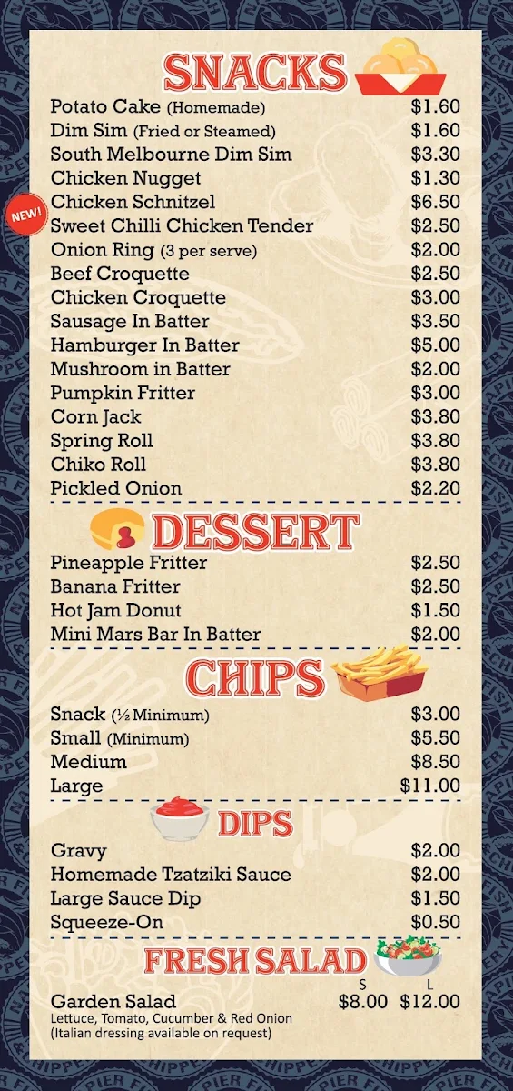 Menu, Napier Fish & Chippery