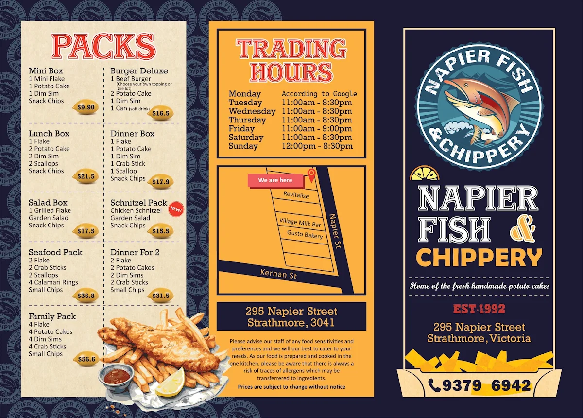 Menu, Napier Fish & Chippery