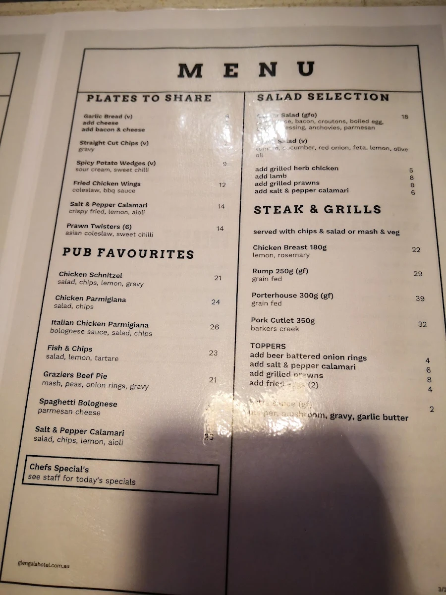 Menu, Glengala Hotel