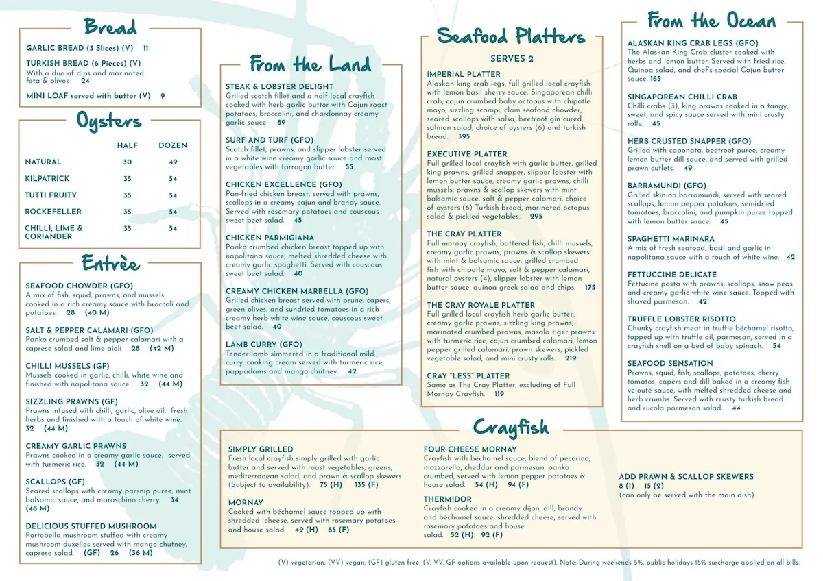 Menu, The Cray Seafood & Grill Restaurant Essendon
