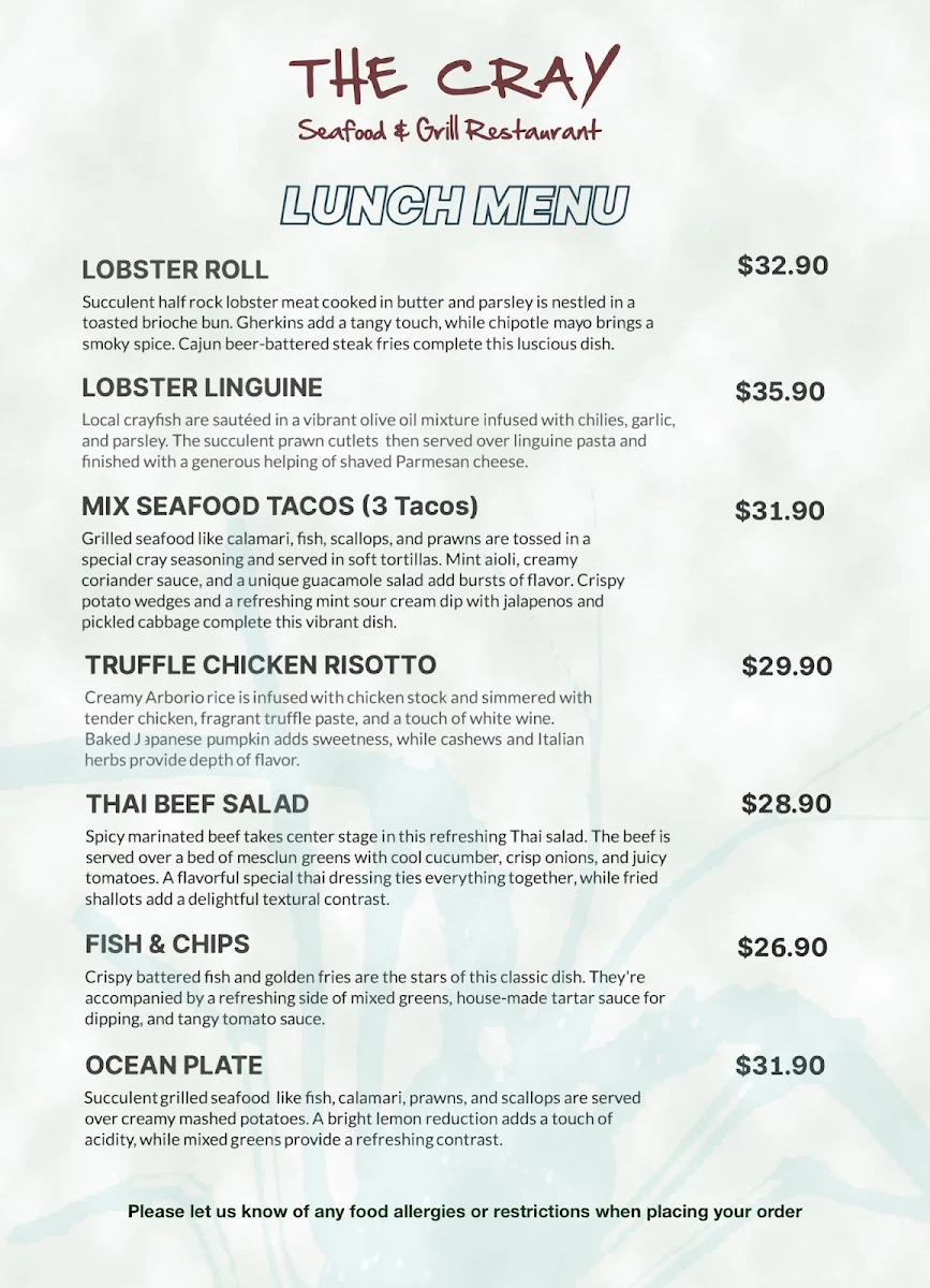 Menu, The Cray Seafood & Grill Restaurant Essendon