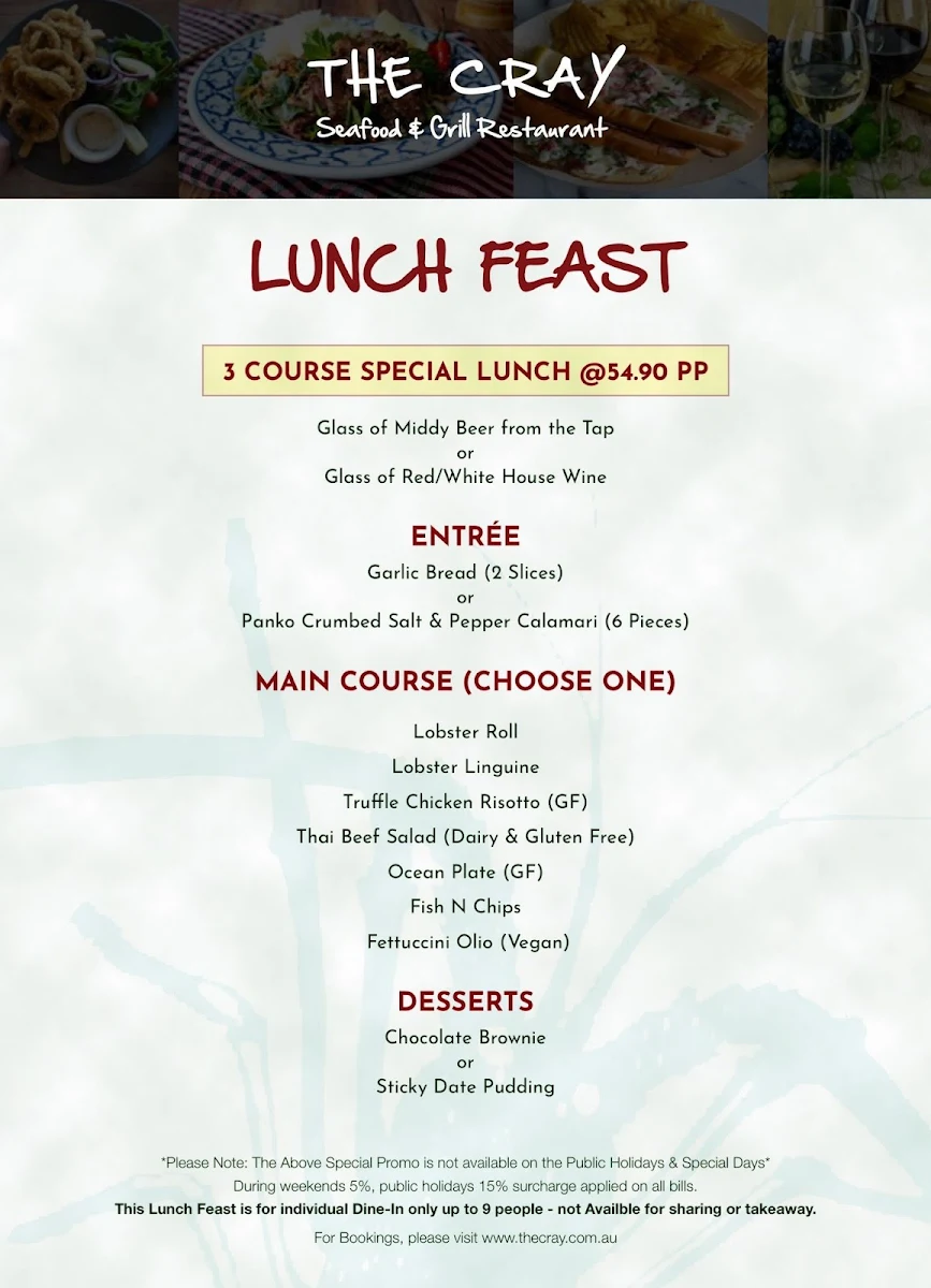 Menu, The Cray Seafood & Grill Restaurant Essendon