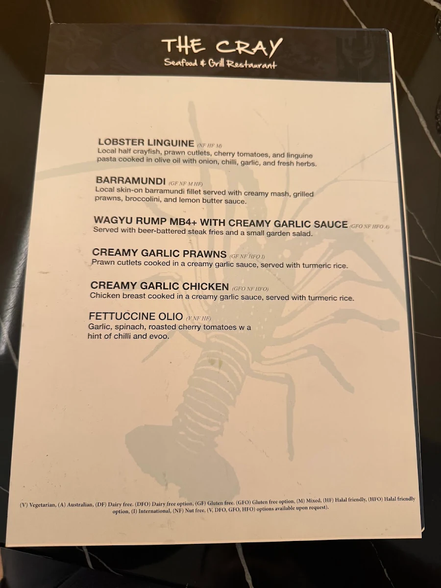 Menu, The Cray Seafood & Grill Restaurant Essendon