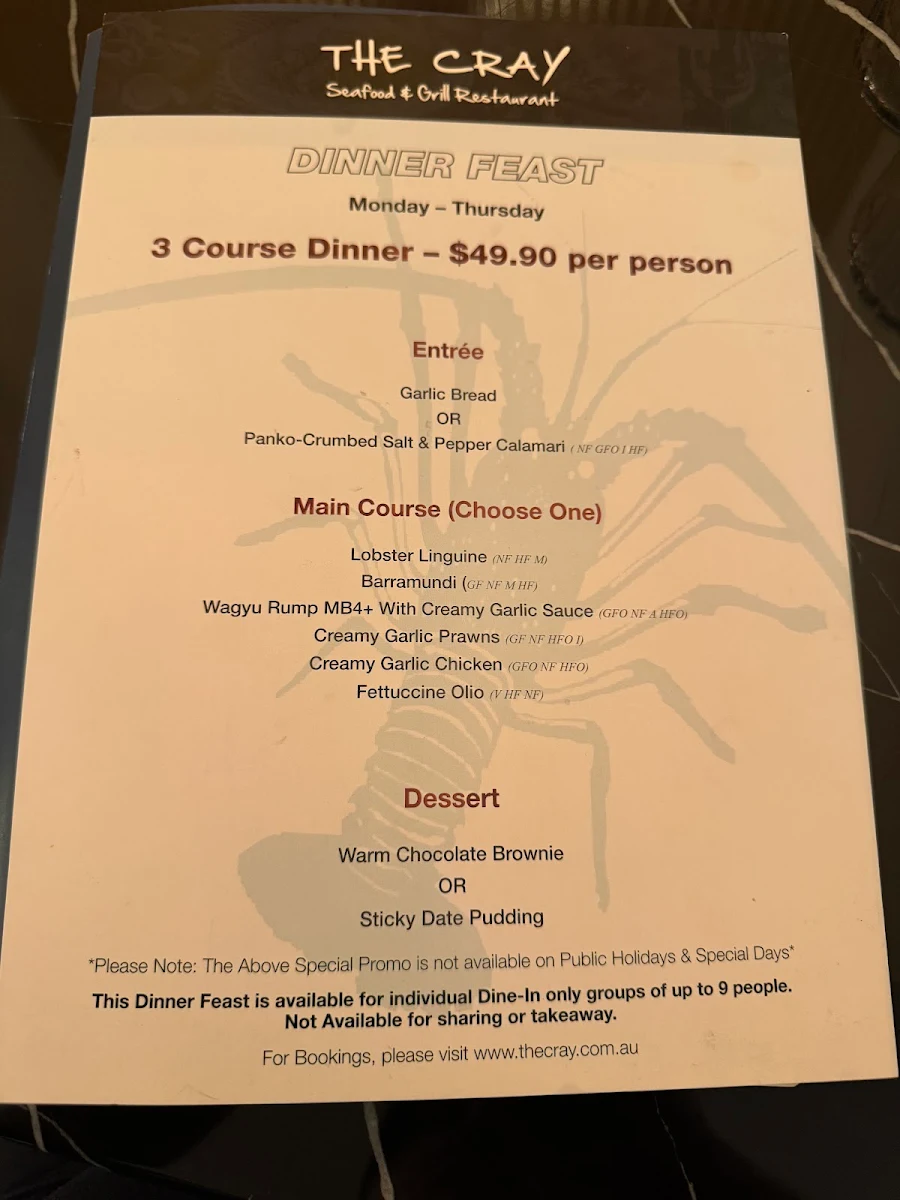 Menu, The Cray Seafood & Grill Restaurant Essendon