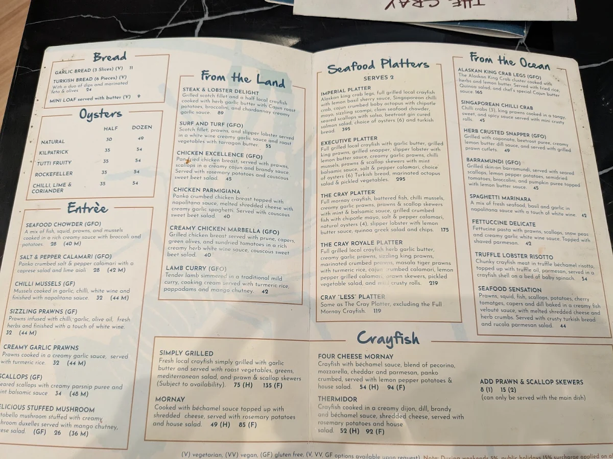 Menu, The Cray Seafood & Grill Restaurant Essendon
