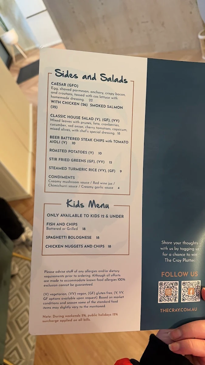 Menu, The Cray Seafood & Grill Restaurant Essendon