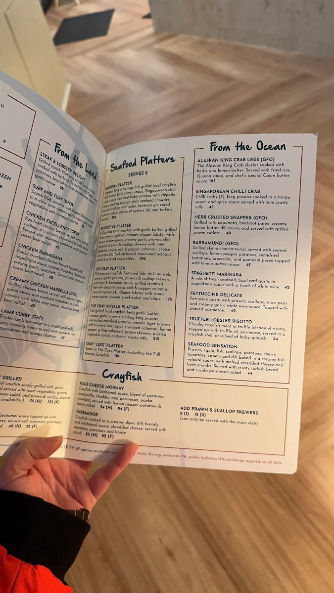 Menu, The Cray Seafood & Grill Restaurant Essendon