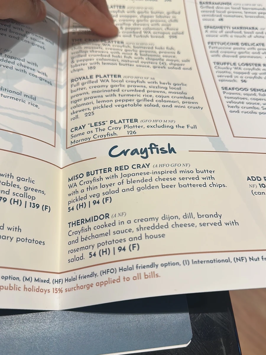Menu, The Cray Seafood & Grill Restaurant Essendon