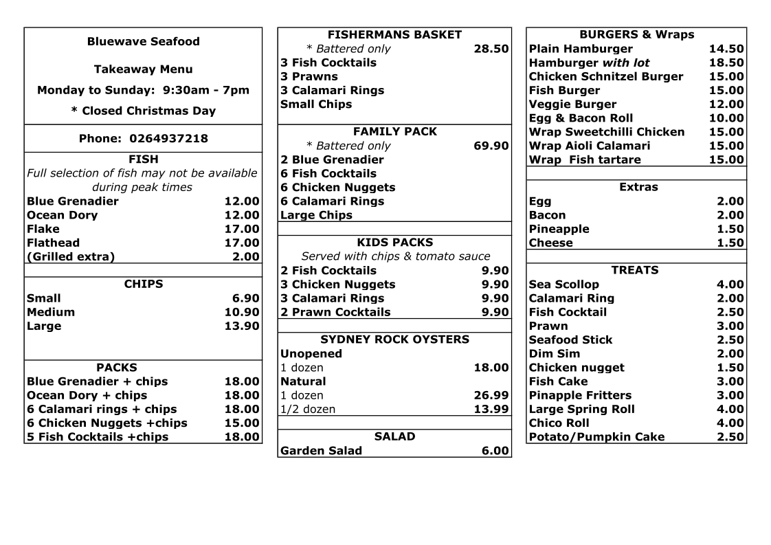 Menu, Bluewave Seafood - Take away food near Bermagui, fish and chips Restaurants
