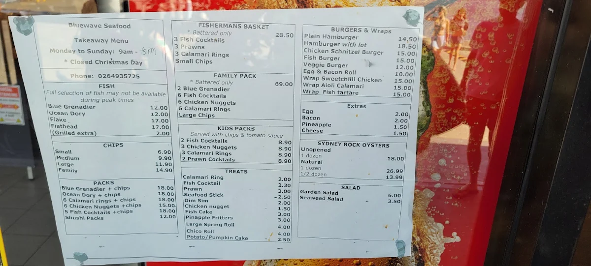 Menu, Bluewave Seafood - Take away food near Bermagui, fish and chips Restaurants