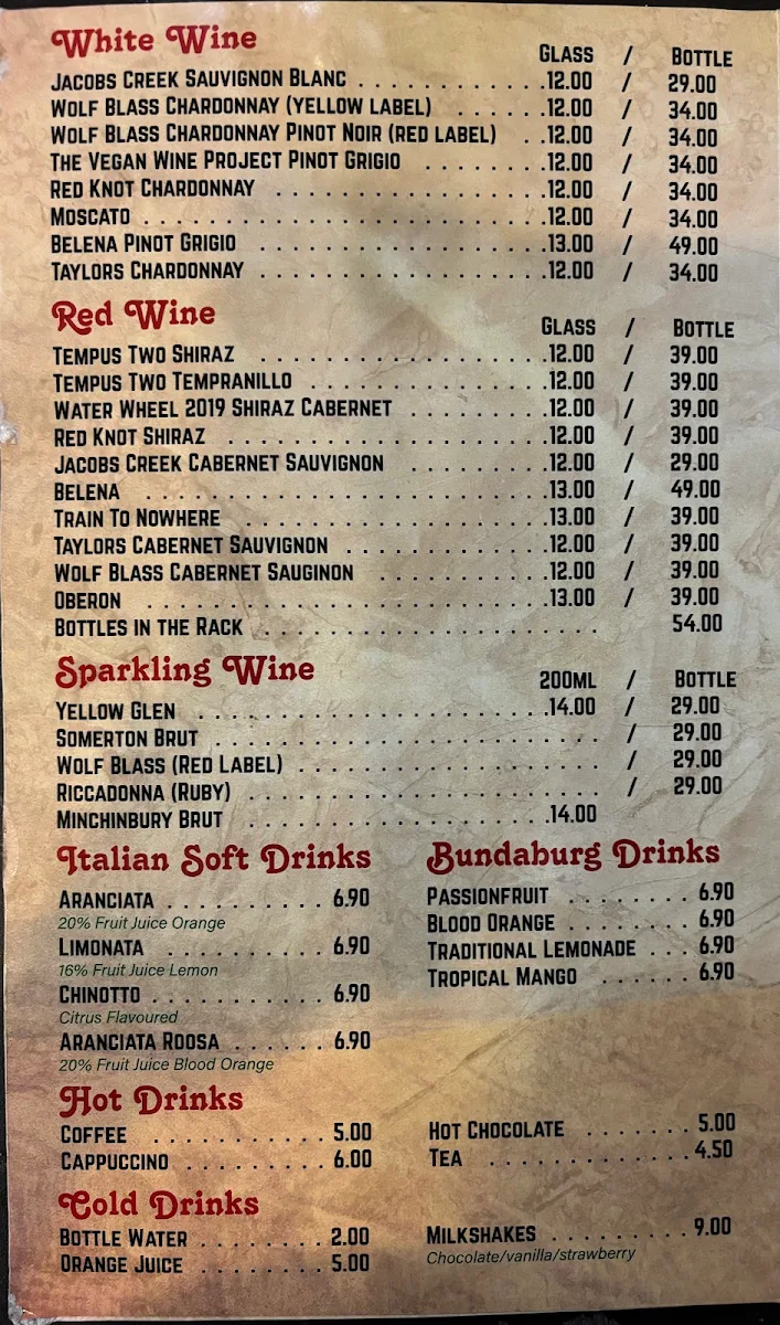 Menu, Santos Pizzeria