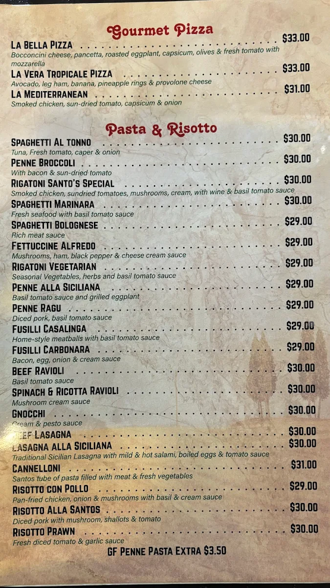 Menu, Santos Pizzeria