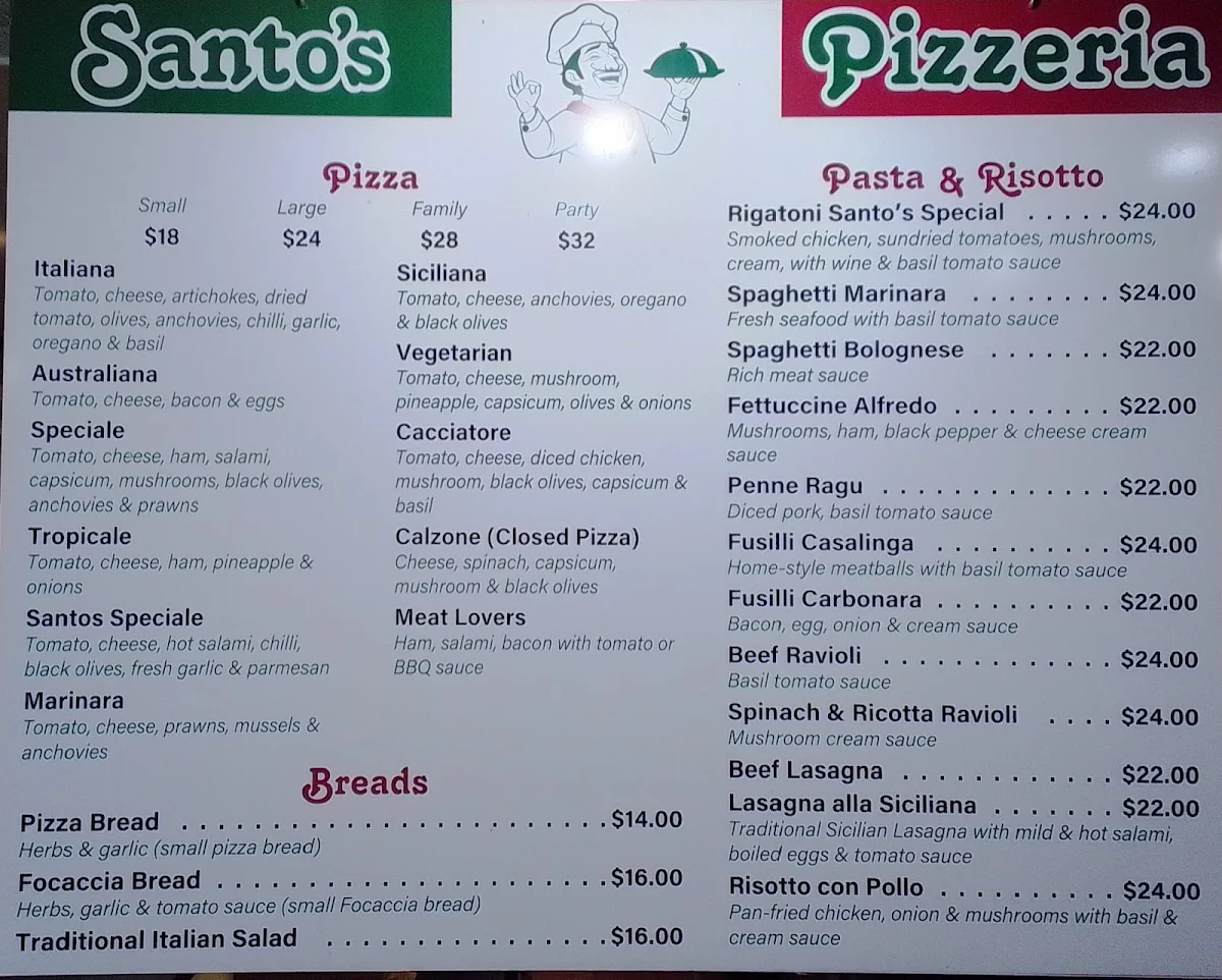 Menu, Santos Pizzeria