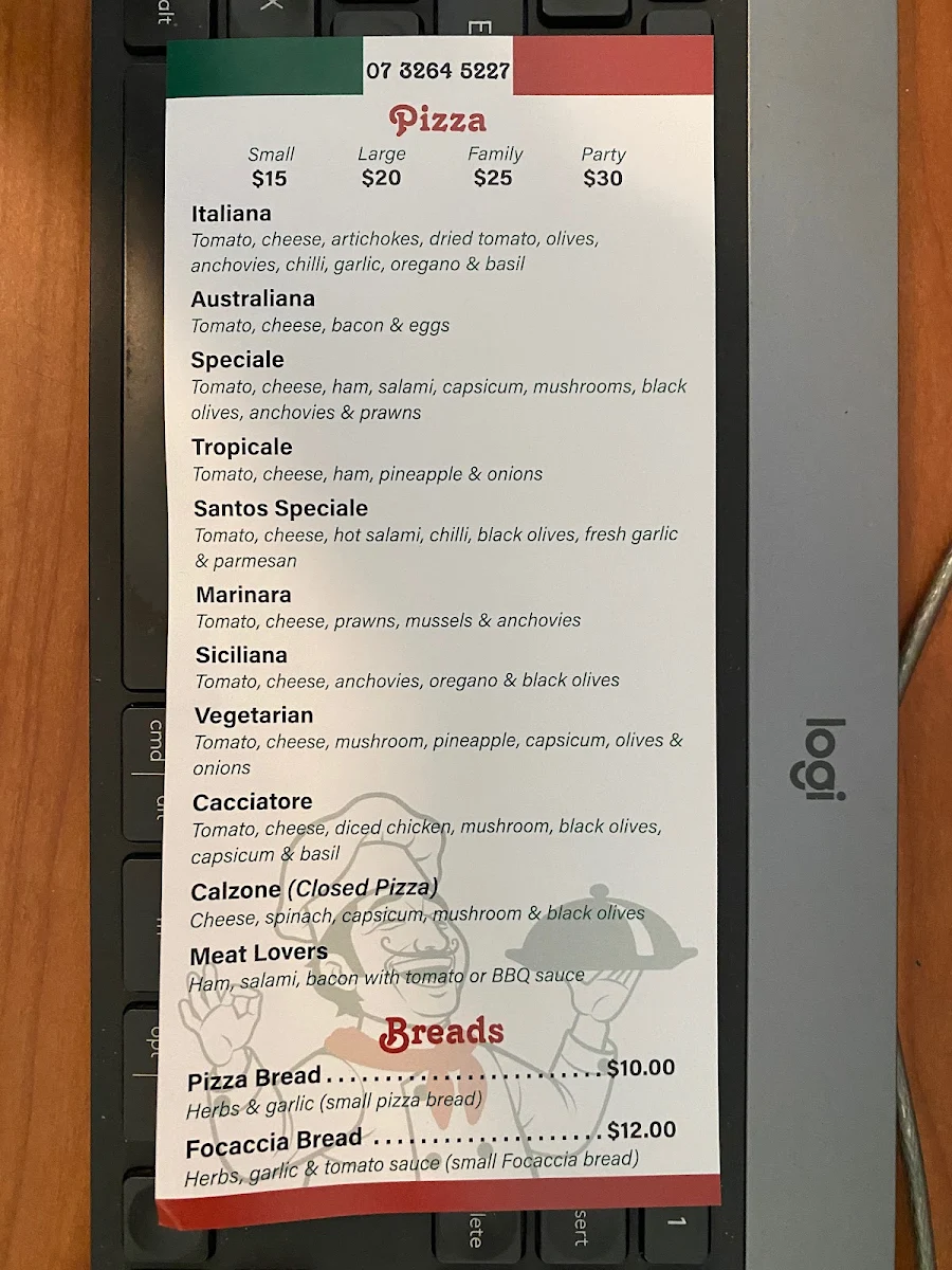 Menu, Santos Pizzeria