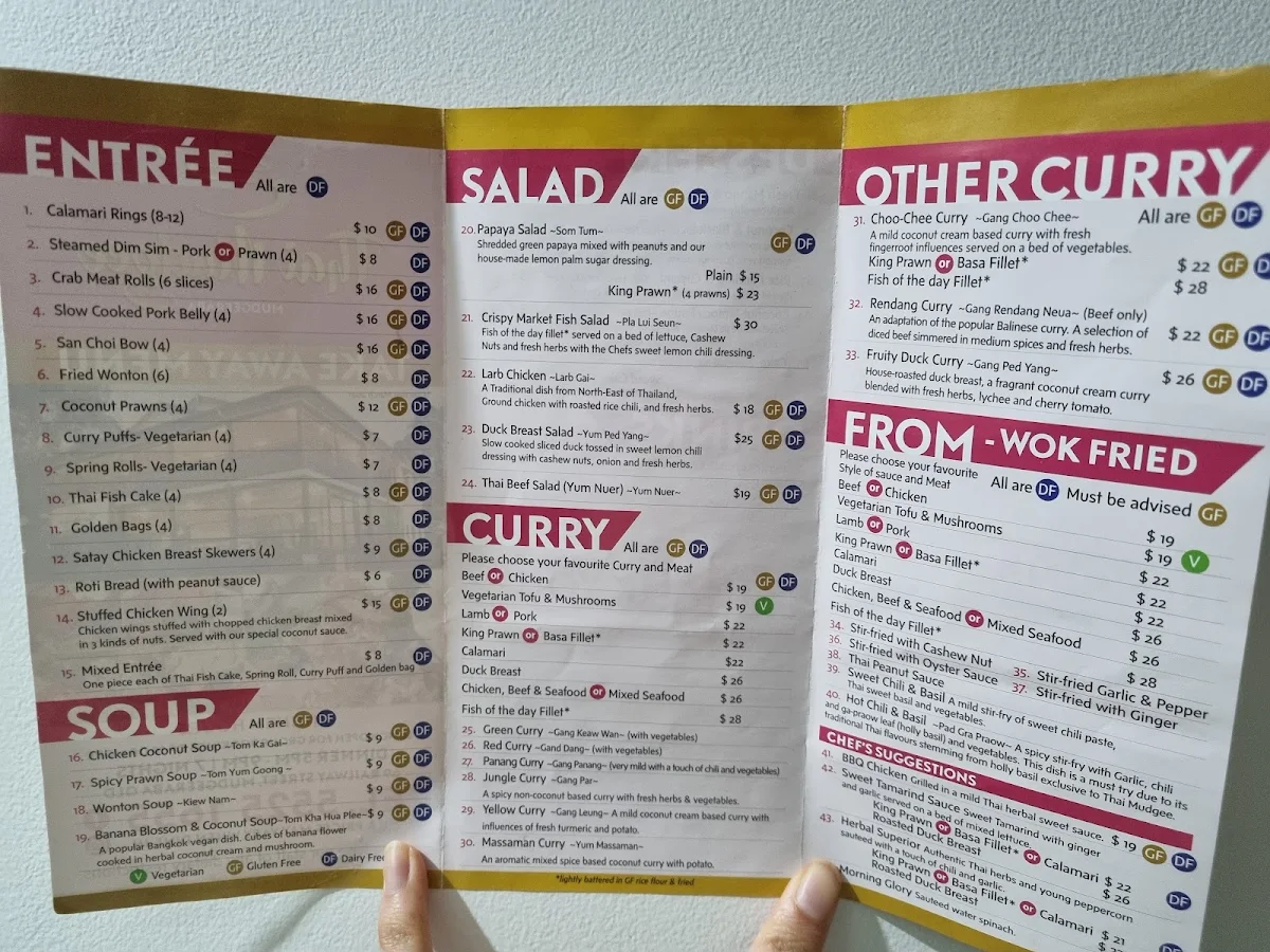 Menu, Thai Mudgee (QLD, Gold Coast)