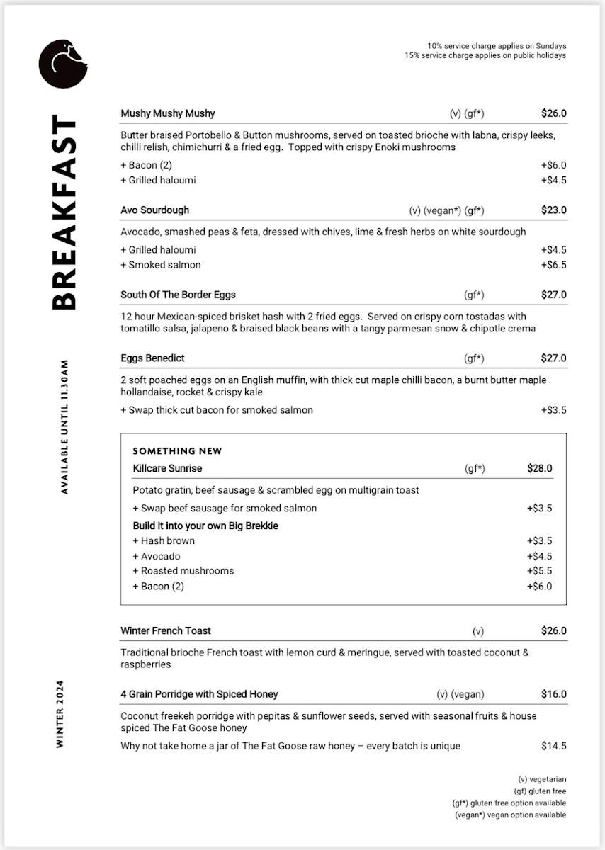 Menu, The Fat Goose Killcare