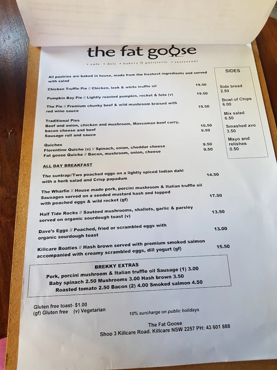 Menu, The Fat Goose Killcare