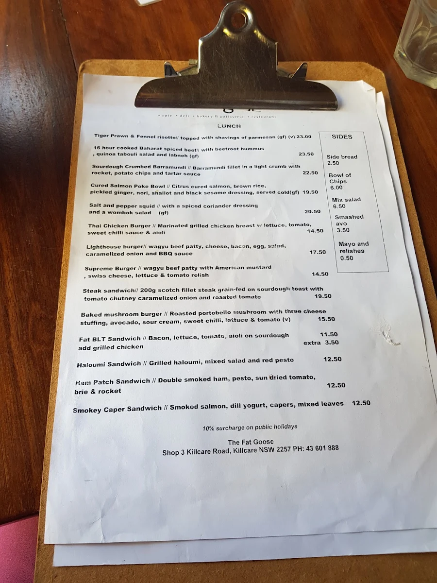 Menu, The Fat Goose Killcare