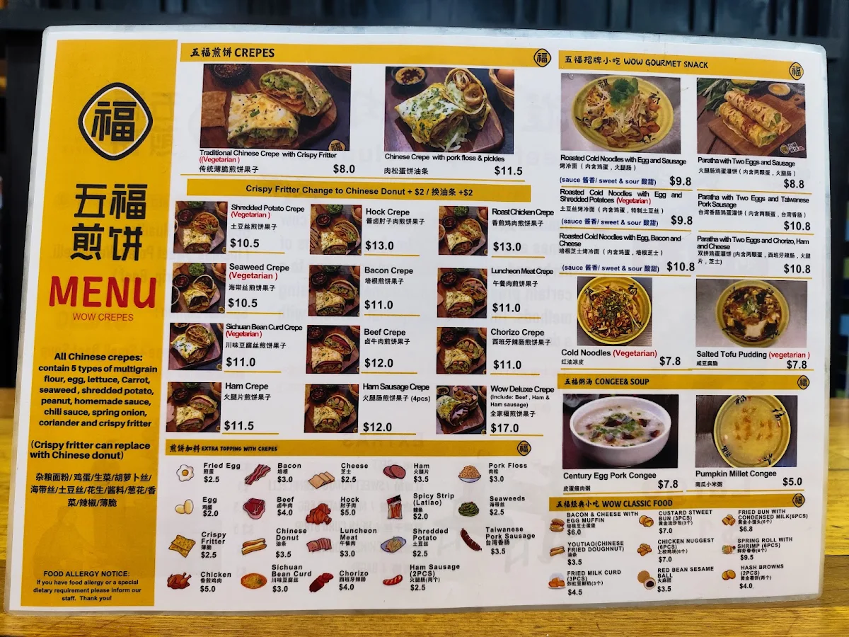 Menu, Wow Crepes