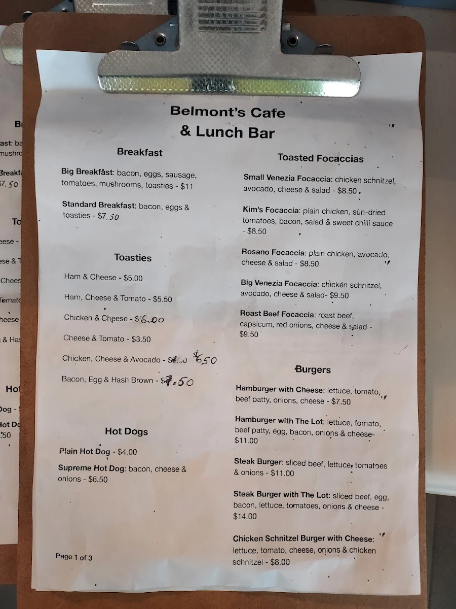 Menu, Belmont's Cafe