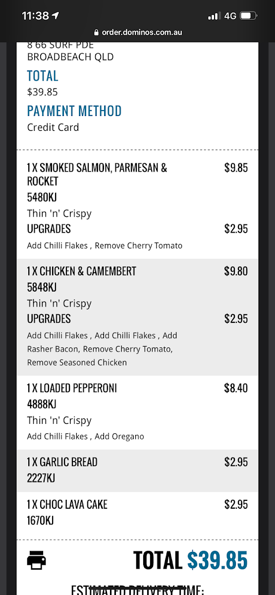 Menu, Domino's Pizza Mermaid Beach