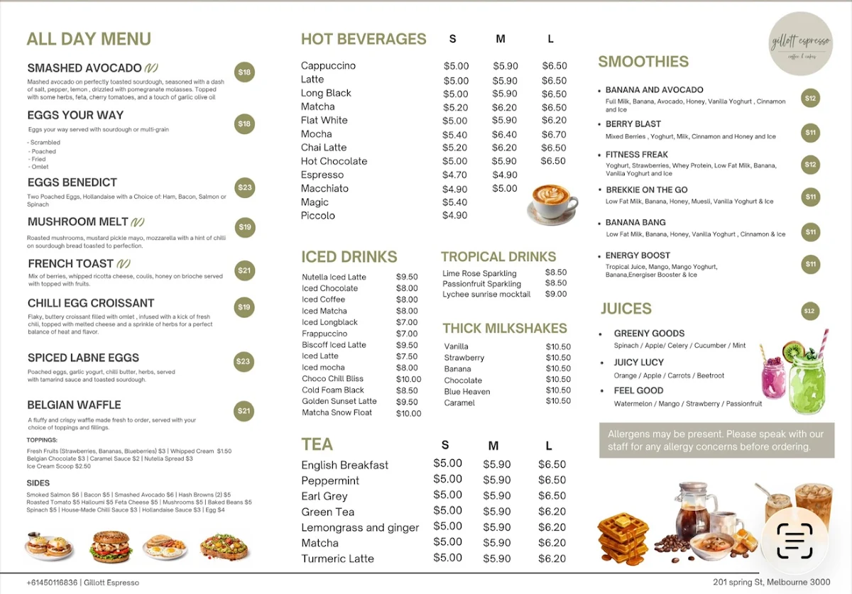 Menu, Gillott Espresso