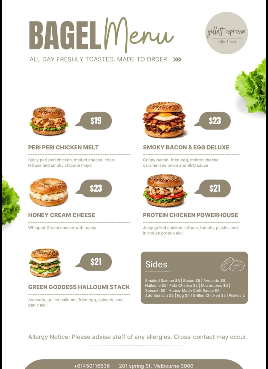 Menu, Gillott Espresso