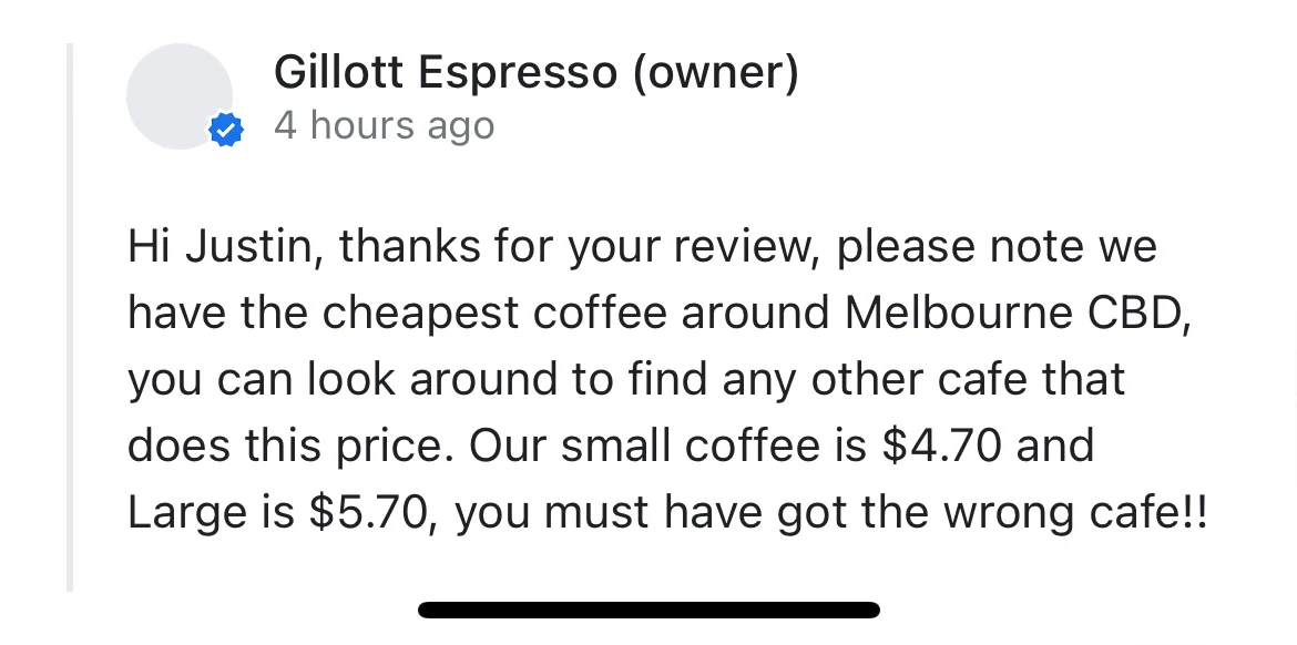 Menu, Gillott Espresso