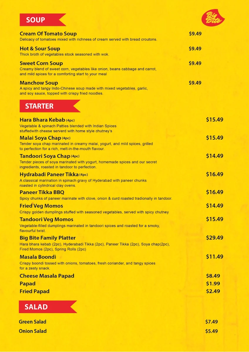 Menu, Bigbite Bella Vista
