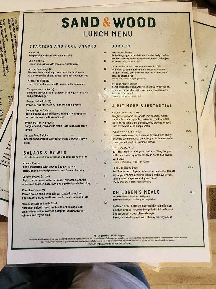 Menu, Sand & Wood Restaurant