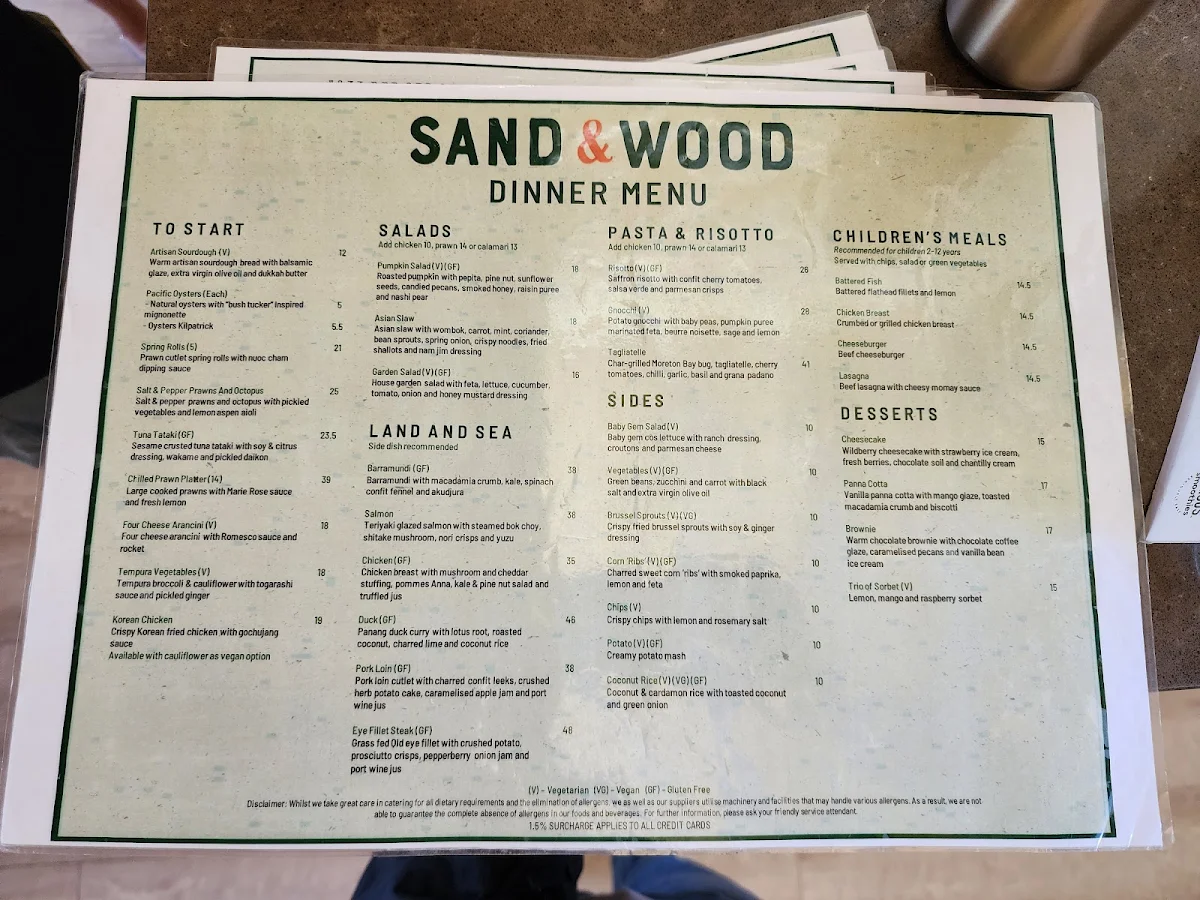 Menu, Sand & Wood Restaurant