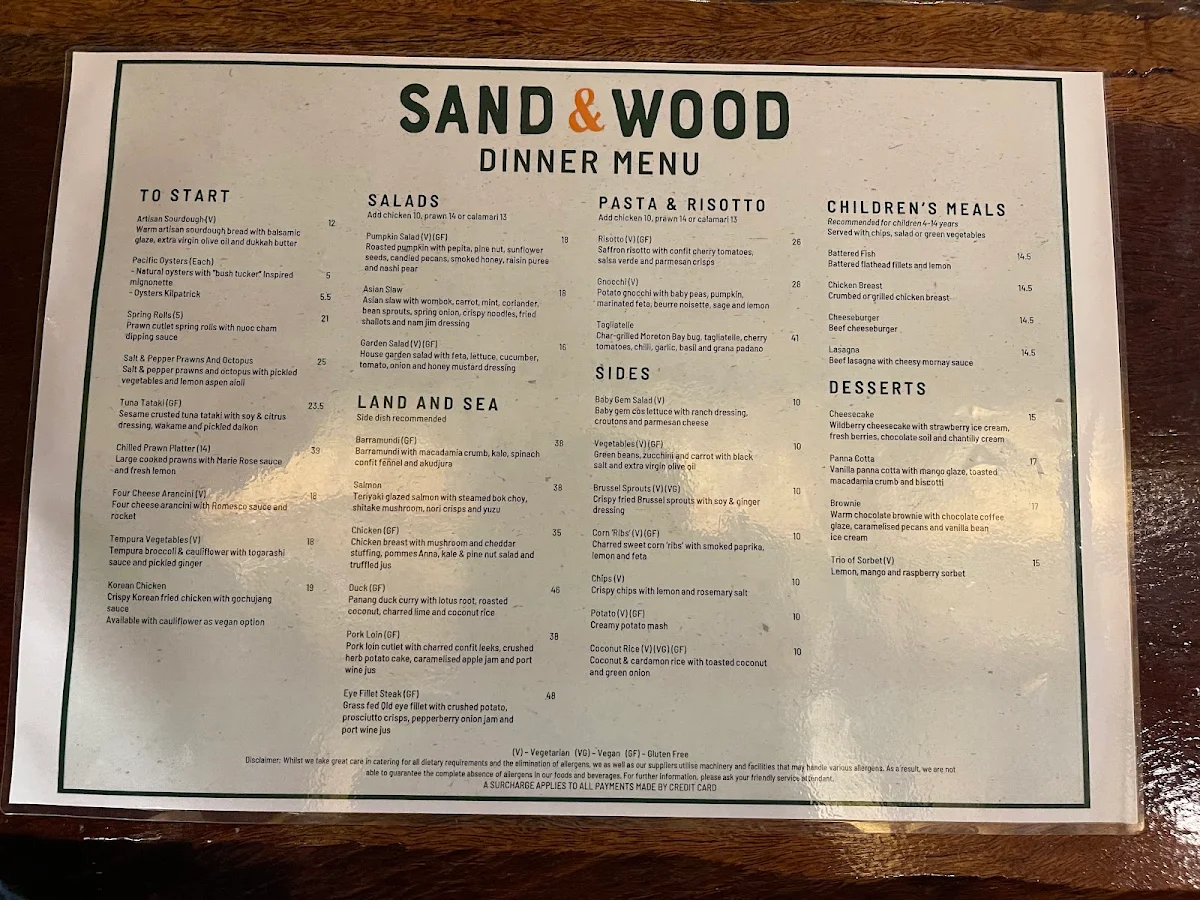 Menu, Sand & Wood Restaurant