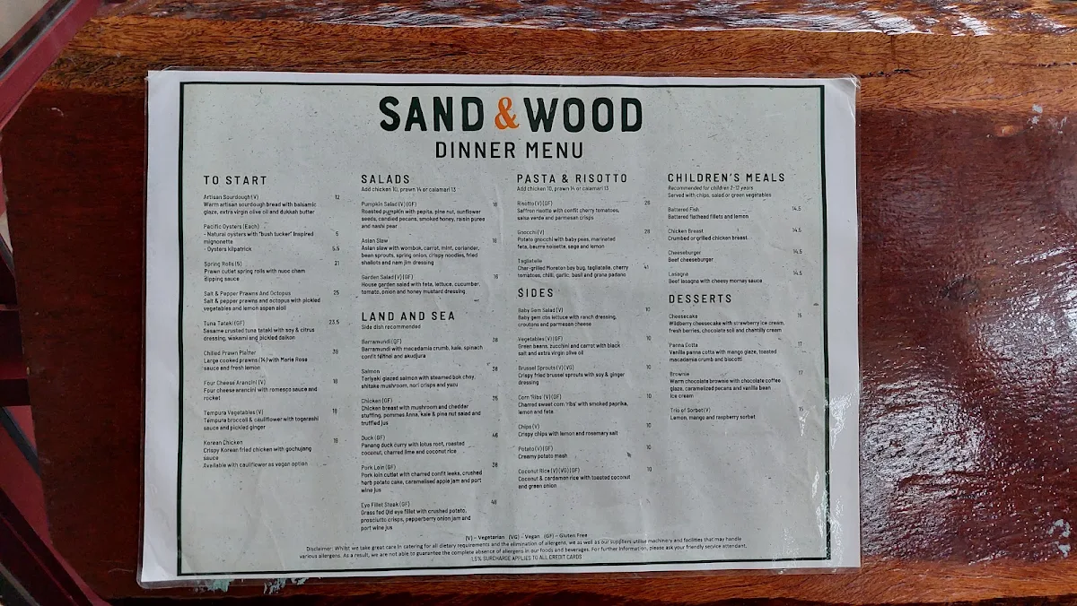 Menu, Sand & Wood Restaurant