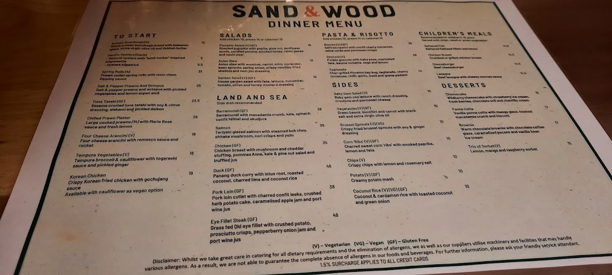 Menu, Sand & Wood Restaurant