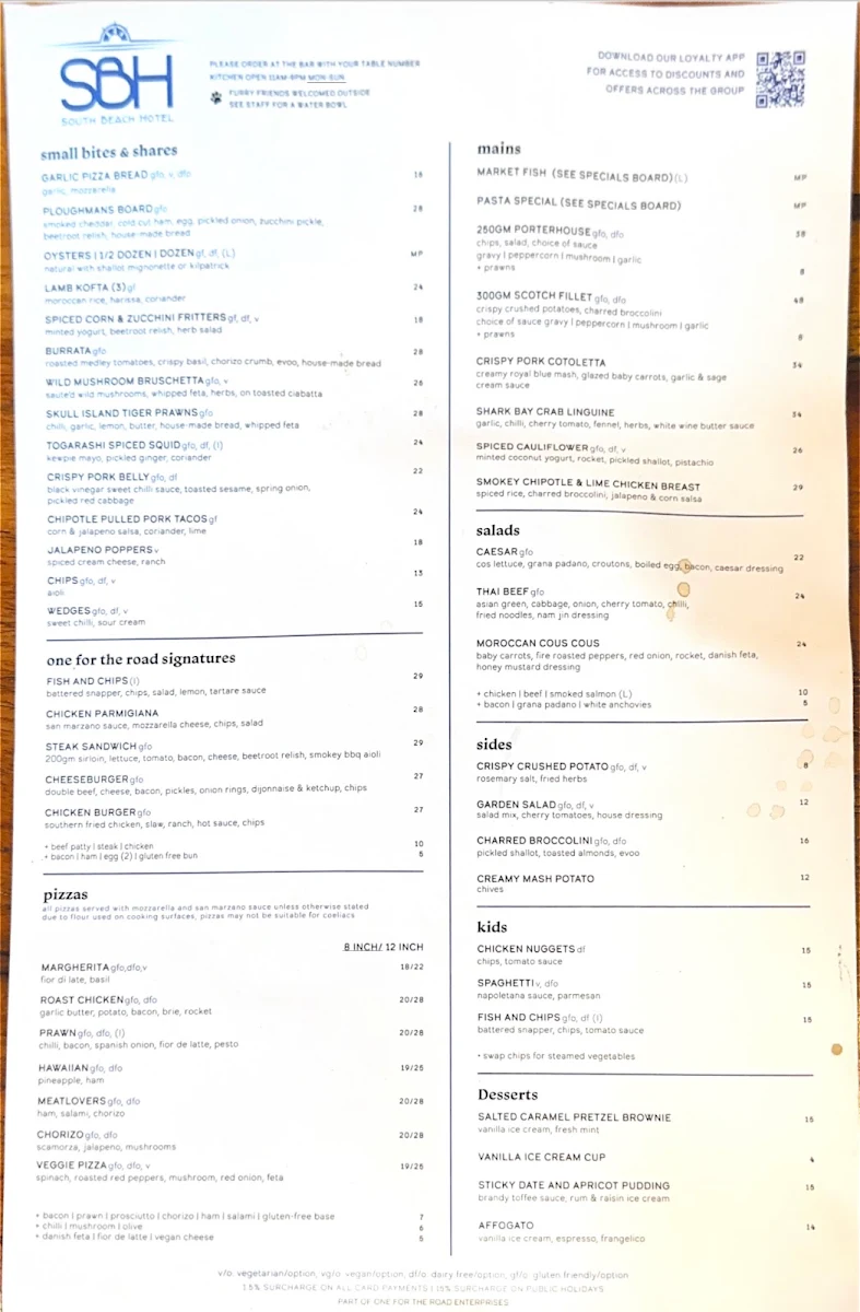 Menu, South Beach Hotel