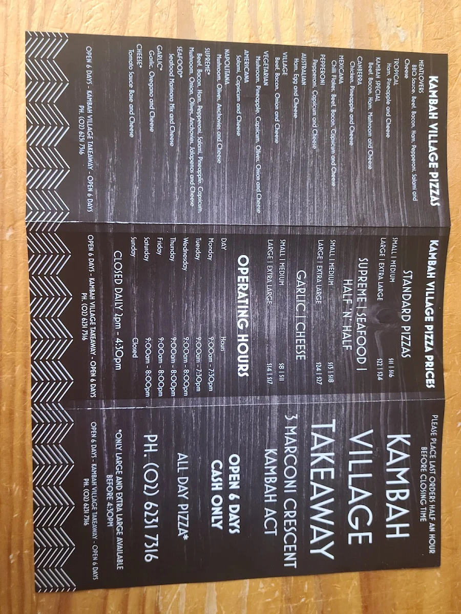 Menu, Kambah Village Pizza & Take Away