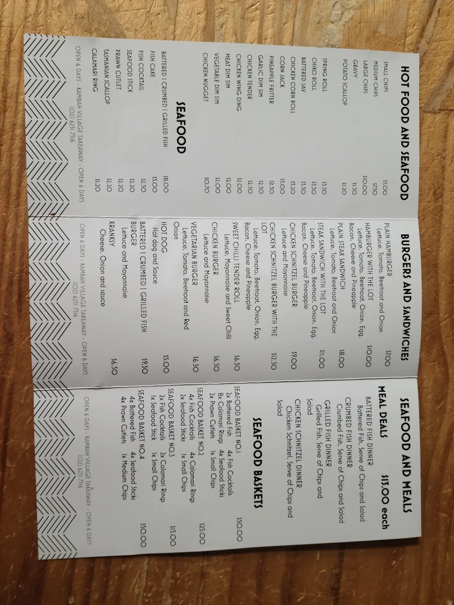Menu, Kambah Village Pizza & Take Away