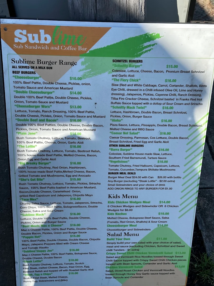 Menu, Sublime Narooma