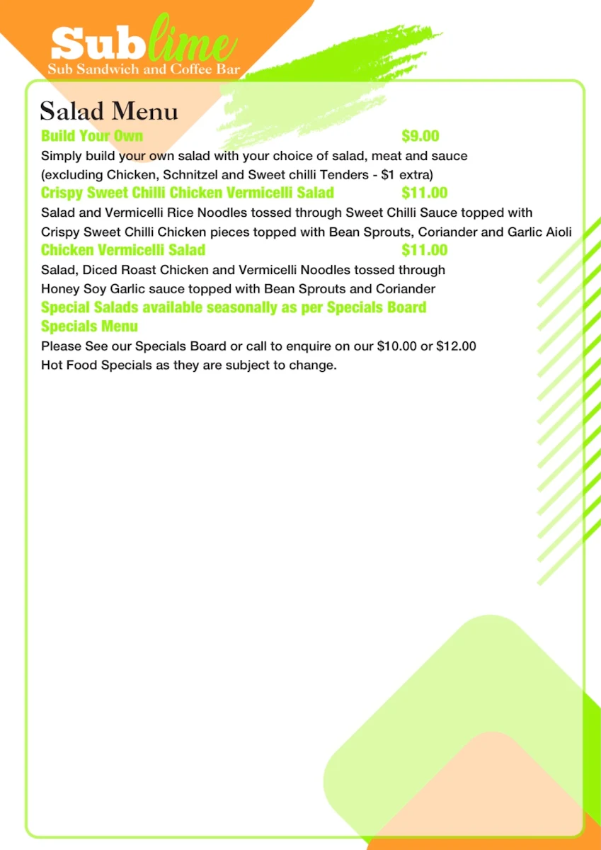 Menu, Sublime Narooma