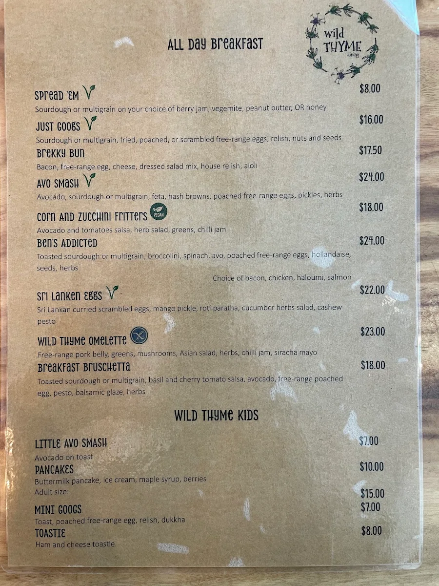 Menu, Wild Thyme Dining