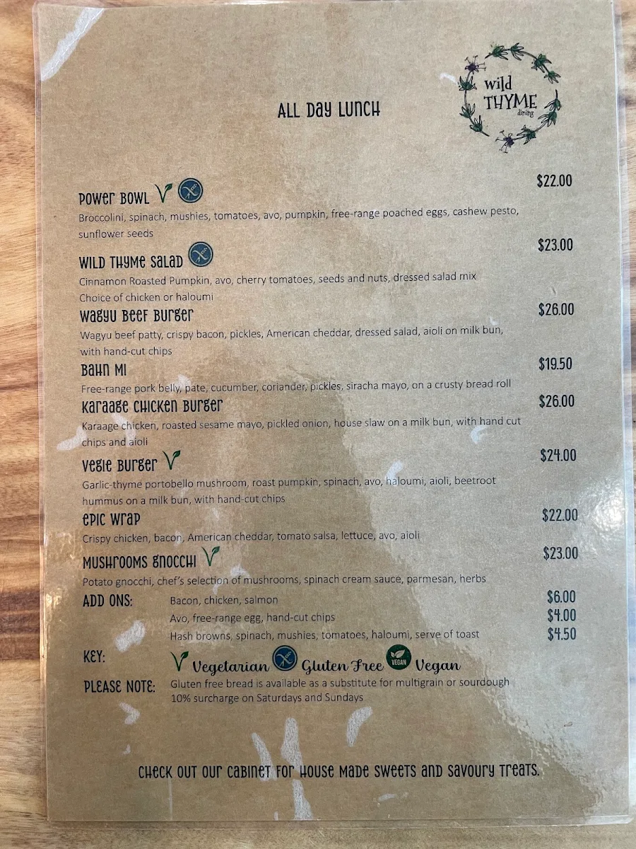 Menu, Wild Thyme Dining