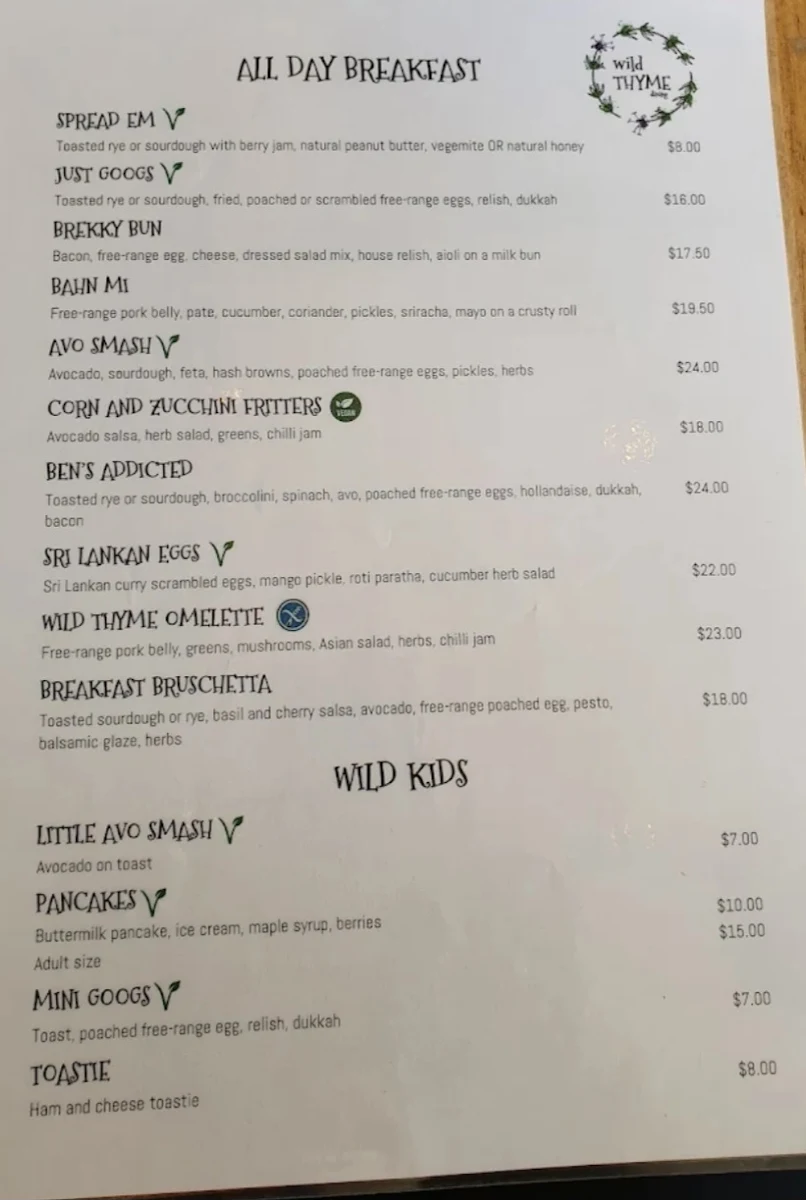Menu, Wild Thyme Dining