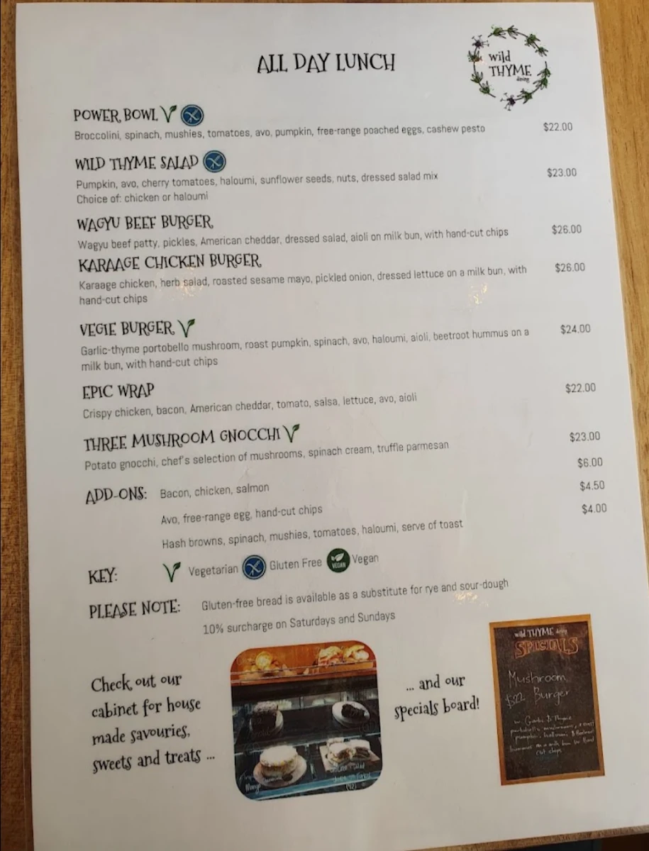 Menu, Wild Thyme Dining