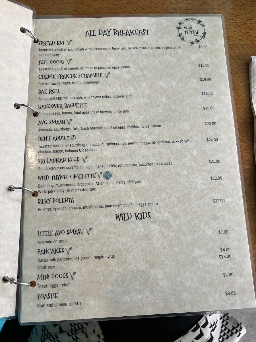Menu, Wild Thyme Dining