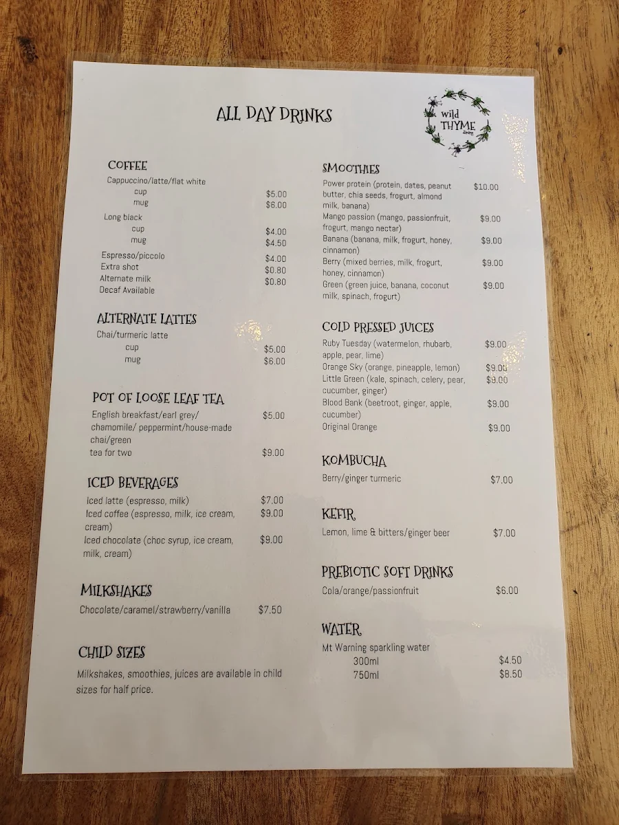 Menu, Wild Thyme Dining