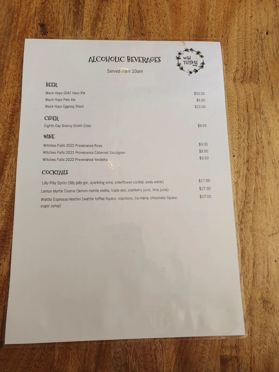Menu, Wild Thyme Dining