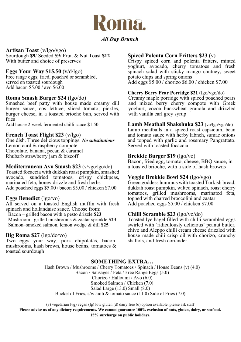 Menu, Roma Republic Subiaco