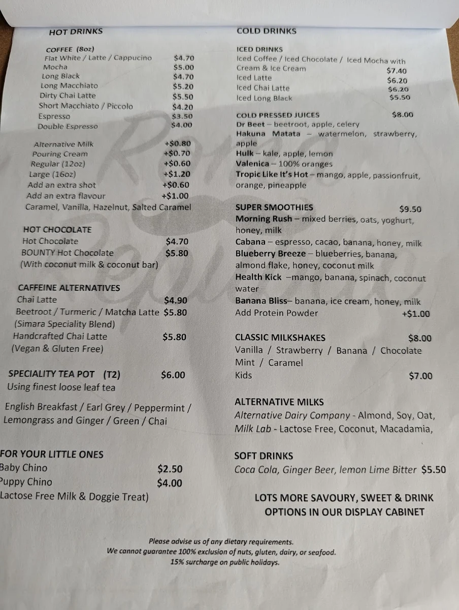 Menu, Roma Republic Subiaco