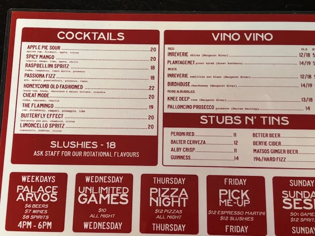 Menu, The Palace Arcade