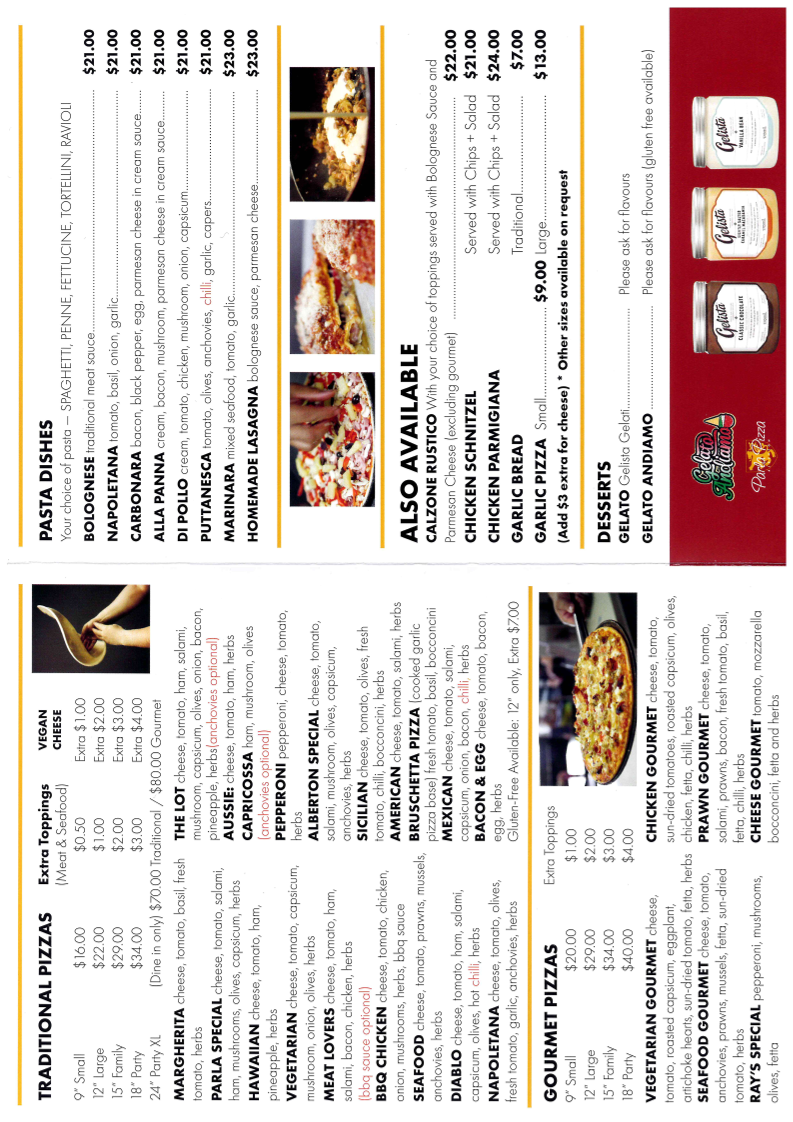 Menu, Parla Pizza Alberton